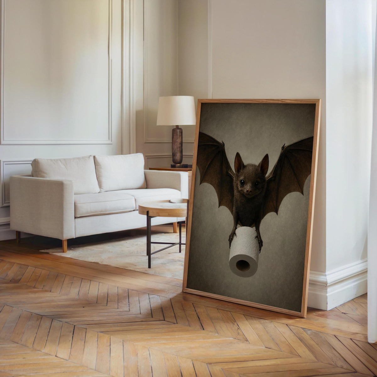 Funny Bat Bathroom Wall Art, Toilet Paper Restroom Print, Quirky Vintage Loo Sign Decor, Whimsical Animal Poster, Spooky Season Gothic Art
