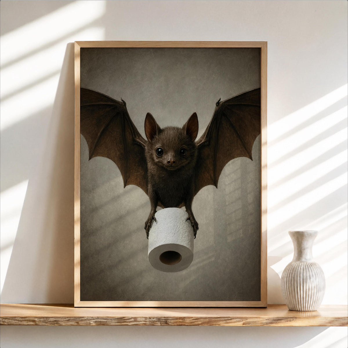Funny Bat Bathroom Wall Art, Toilet Paper Restroom Print, Quirky Vintage Loo Sign Decor, Whimsical Animal Poster, Spooky Season Gothic Art