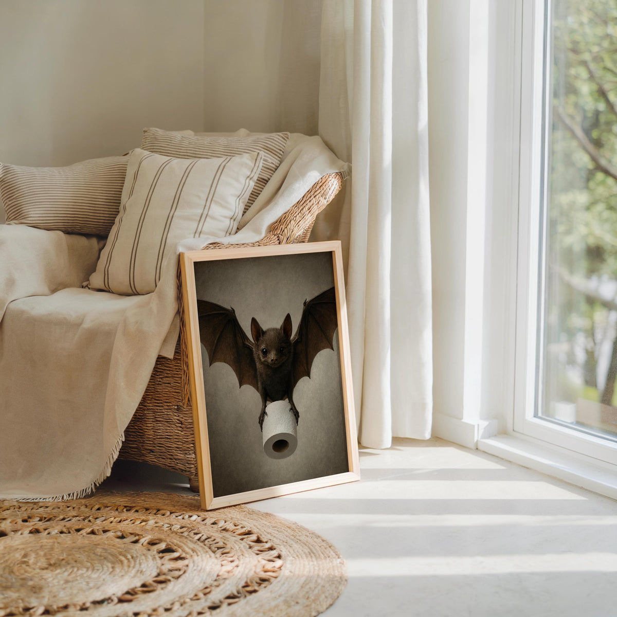 Funny Bat Bathroom Wall Art, Toilet Paper Restroom Print, Quirky Vintage Loo Sign Decor, Whimsical Animal Poster, Spooky Season Gothic Art