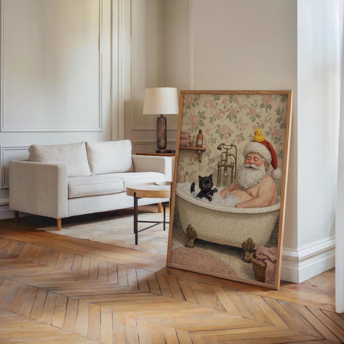 Funny Santa Wall Art, Mr. Claus & Cat Funny Bathroom Painting, Whimsical Christmas Decor, Cottagecore Holiday Print, Quirky Toilet Poster