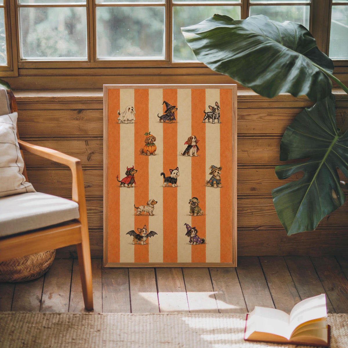 Halloween Dog Parade Wall Art, Ghost Witch Skeleton Vampire Costume Pets Print, Dog Lover Spooky Season Gift, Striped Autumn Decor