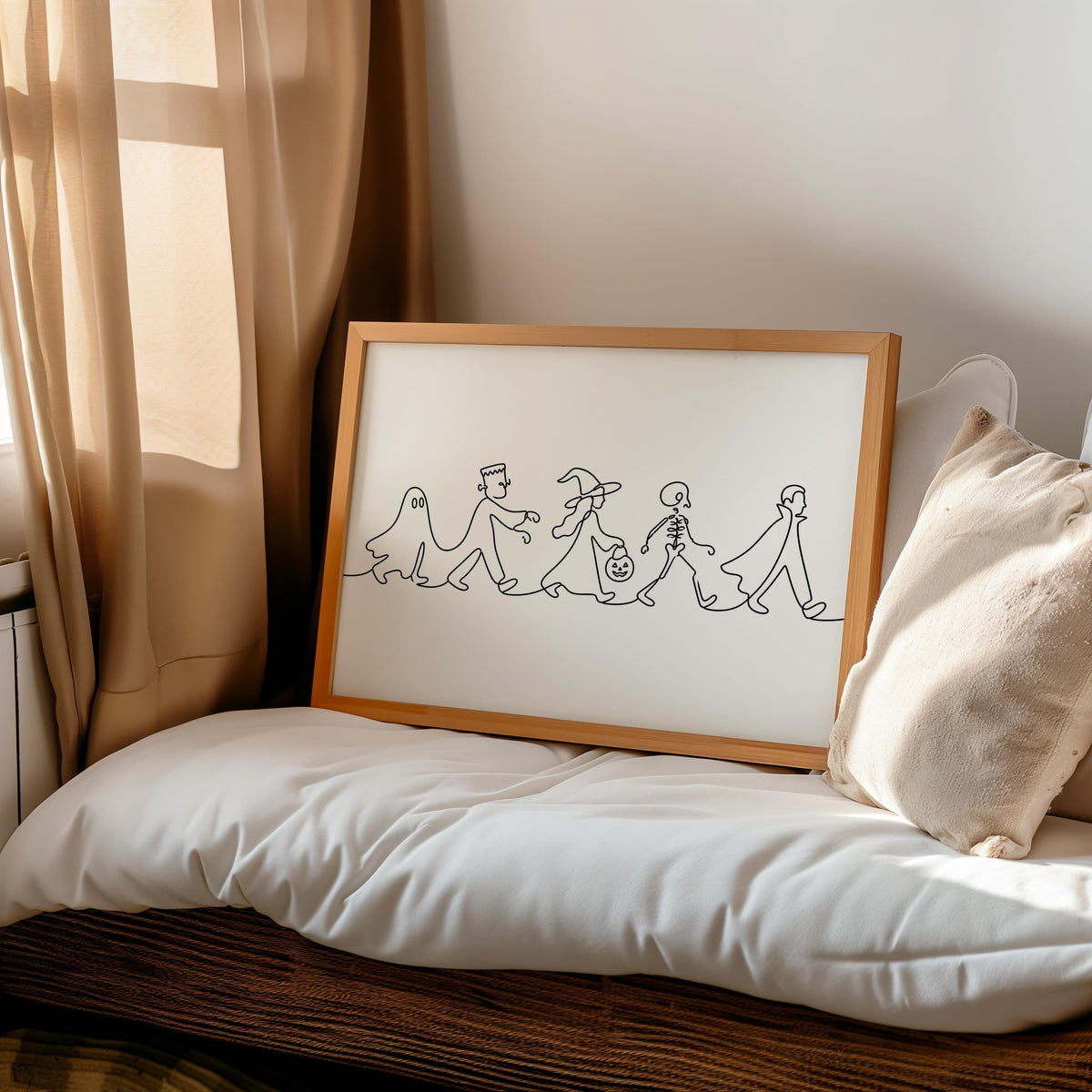 Halloween Parade Line Art, Spooky Ghost Print, Minimalist Witch Illustration, Skeleton Poster, Dark Gothic Autumn Wall Decor
