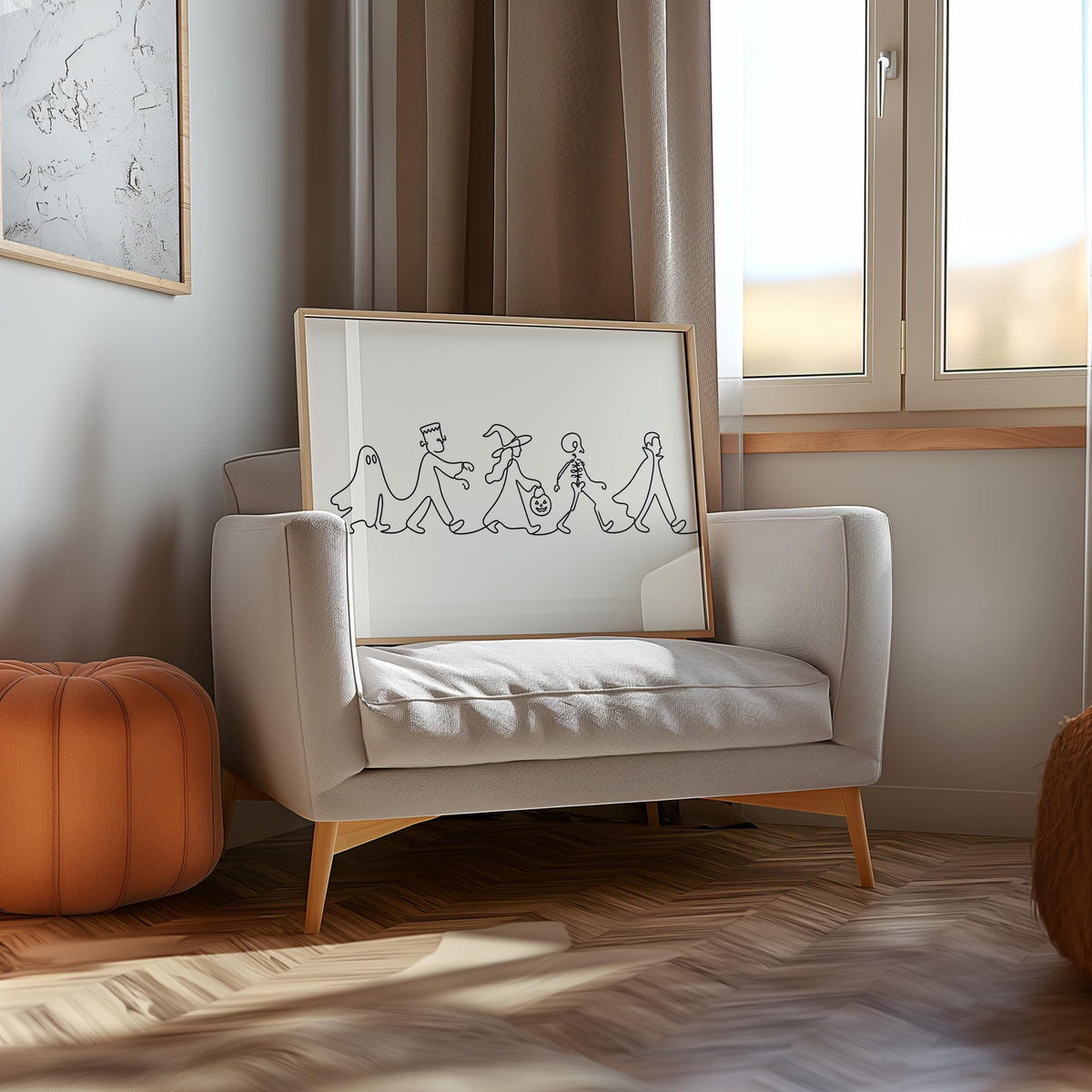Halloween Parade Line Art, Spooky Ghost Print, Minimalist Witch Illustration, Skeleton Poster, Dark Gothic Autumn Wall Decor