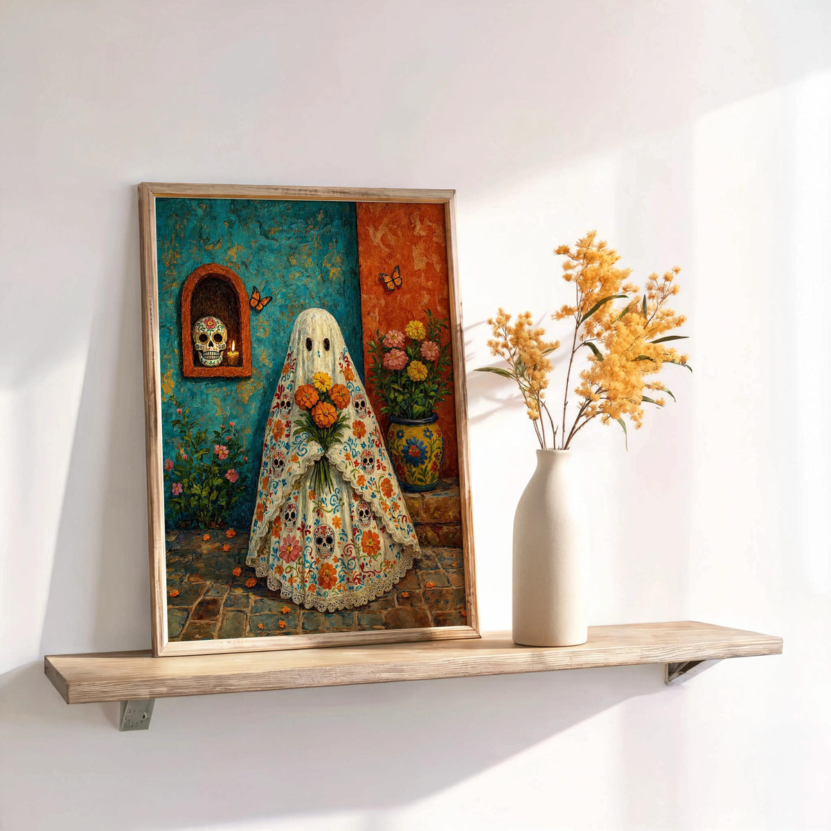 Mexican Halloween Print, Sugar Skull Ghost Wall Art, Dia de los Muertos Decor, Floral Folk Poster, Spooky Vibrant Mexico Culture Painting