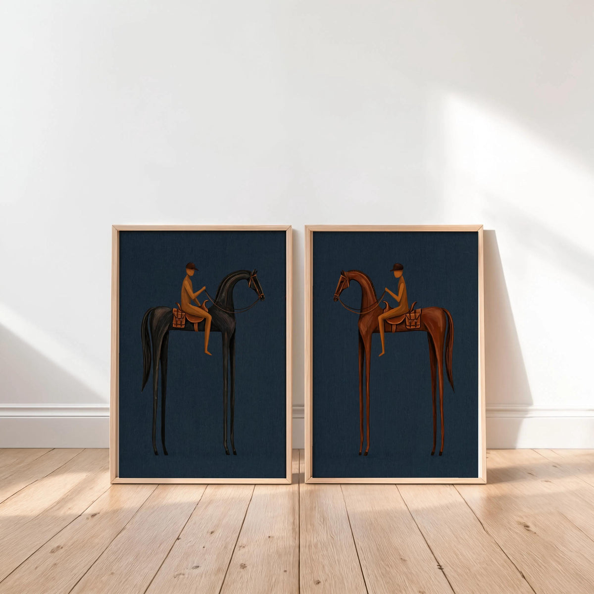 Blue Equestrian Print Set of 2, Navy Mid Century Modern Horse Wall Art, Vintage Jockey Painting, Neutral Surreal Minimalist Western Rider