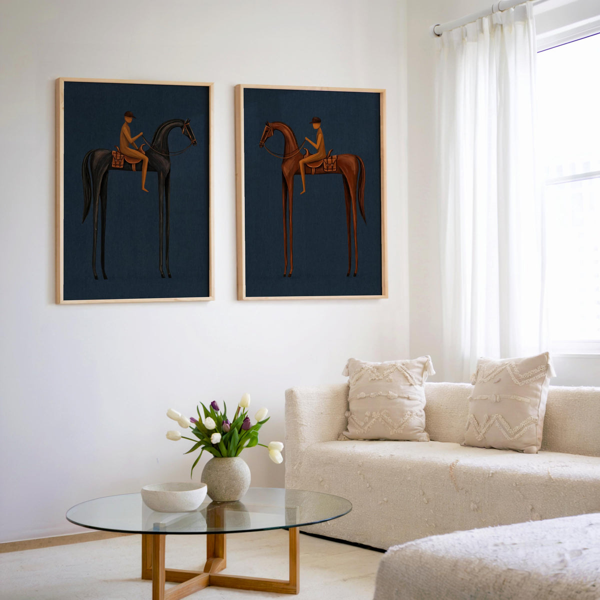Blue Equestrian Print Set of 2, Navy Mid Century Modern Horse Wall Art, Vintage Jockey Painting, Neutral Surreal Minimalist Western Rider