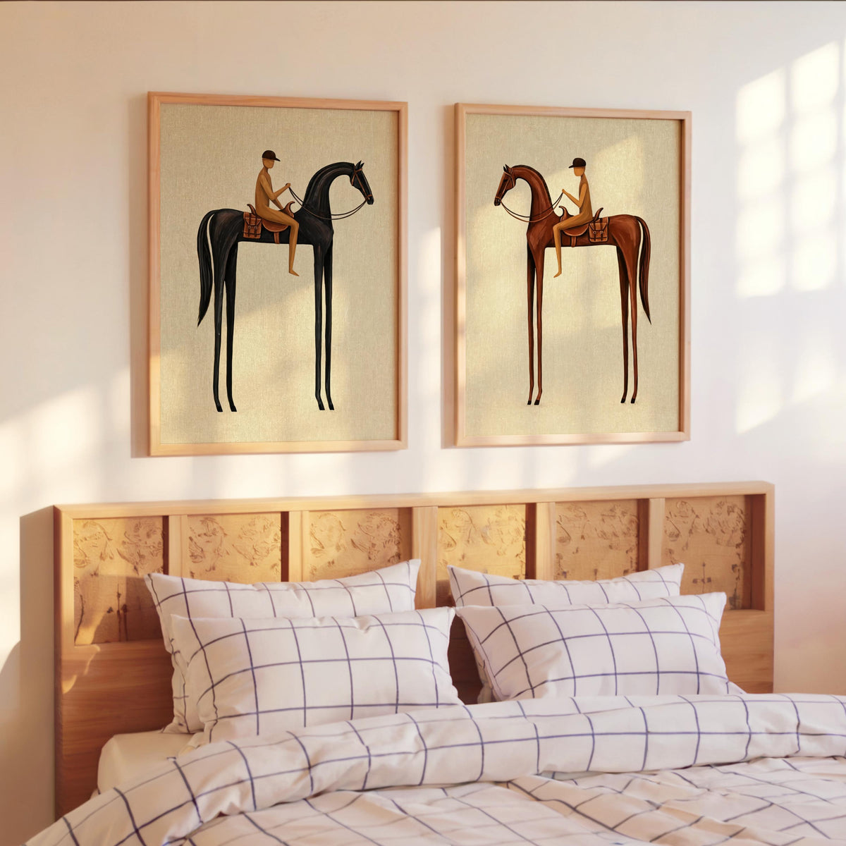 Beige Equestrian Print Set of 2, White Mid Century Modern Horse Wall Art, Vintage Jockey Painting, Neutral Surreal Minimalist Western Rider