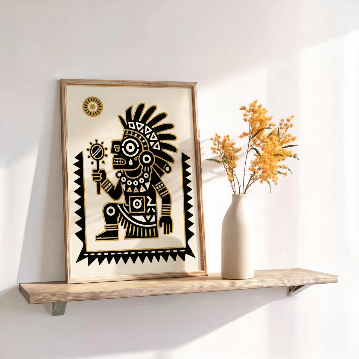 Tezcatlipoca wall art framed on a slim shelf, dried gold blooms, bold geometric motifs visible