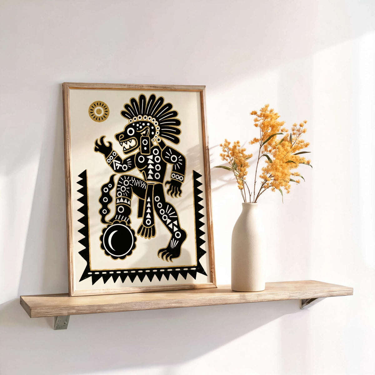 Tezcatlipoca art print on floating shelf, angled with dried flowers, styled as Aztec god wall art