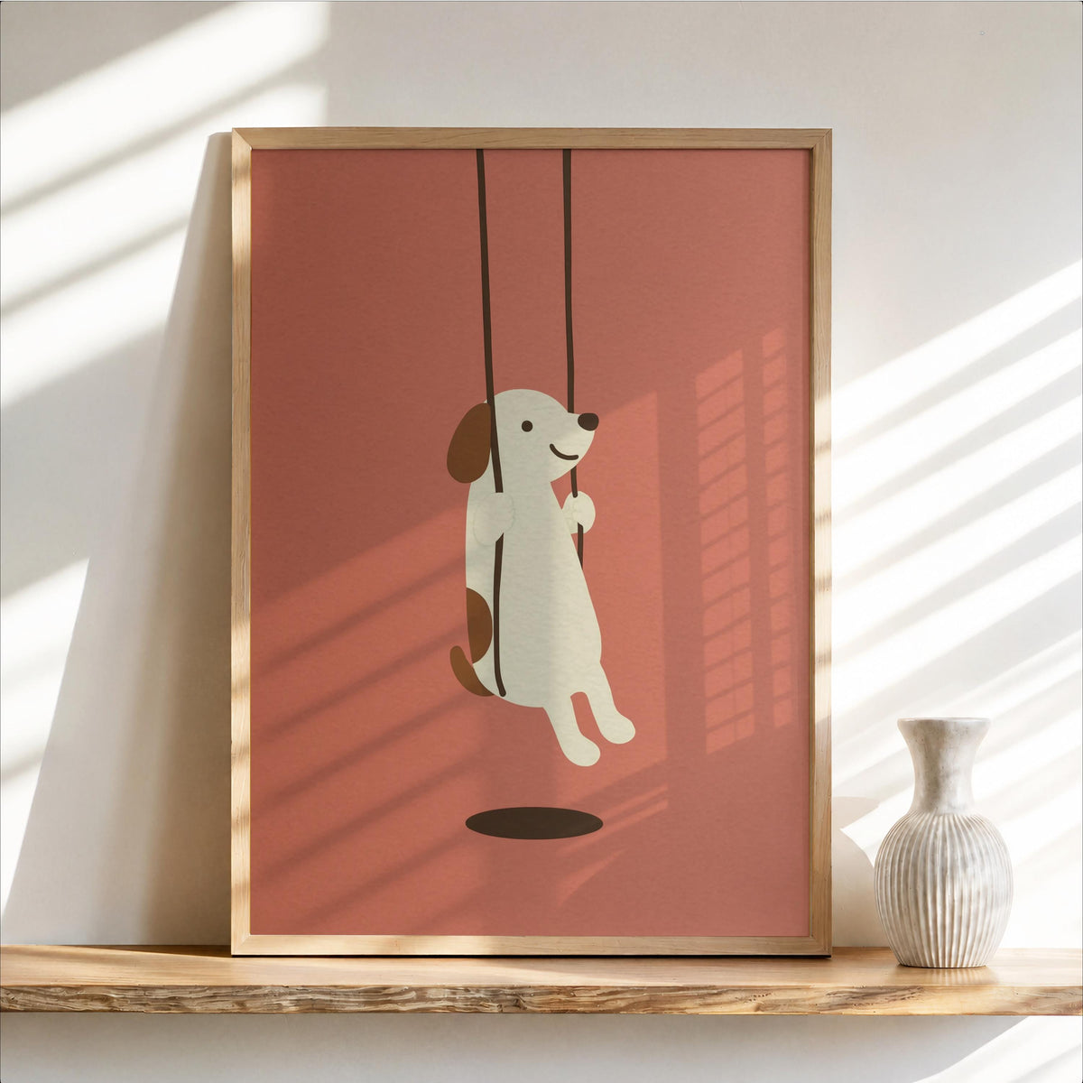 Minimal Dog Swinging Poster, Cute Puppy Print, Neutral Children Decor, Kids Nursery Wall Accent, Dog Lover Gift