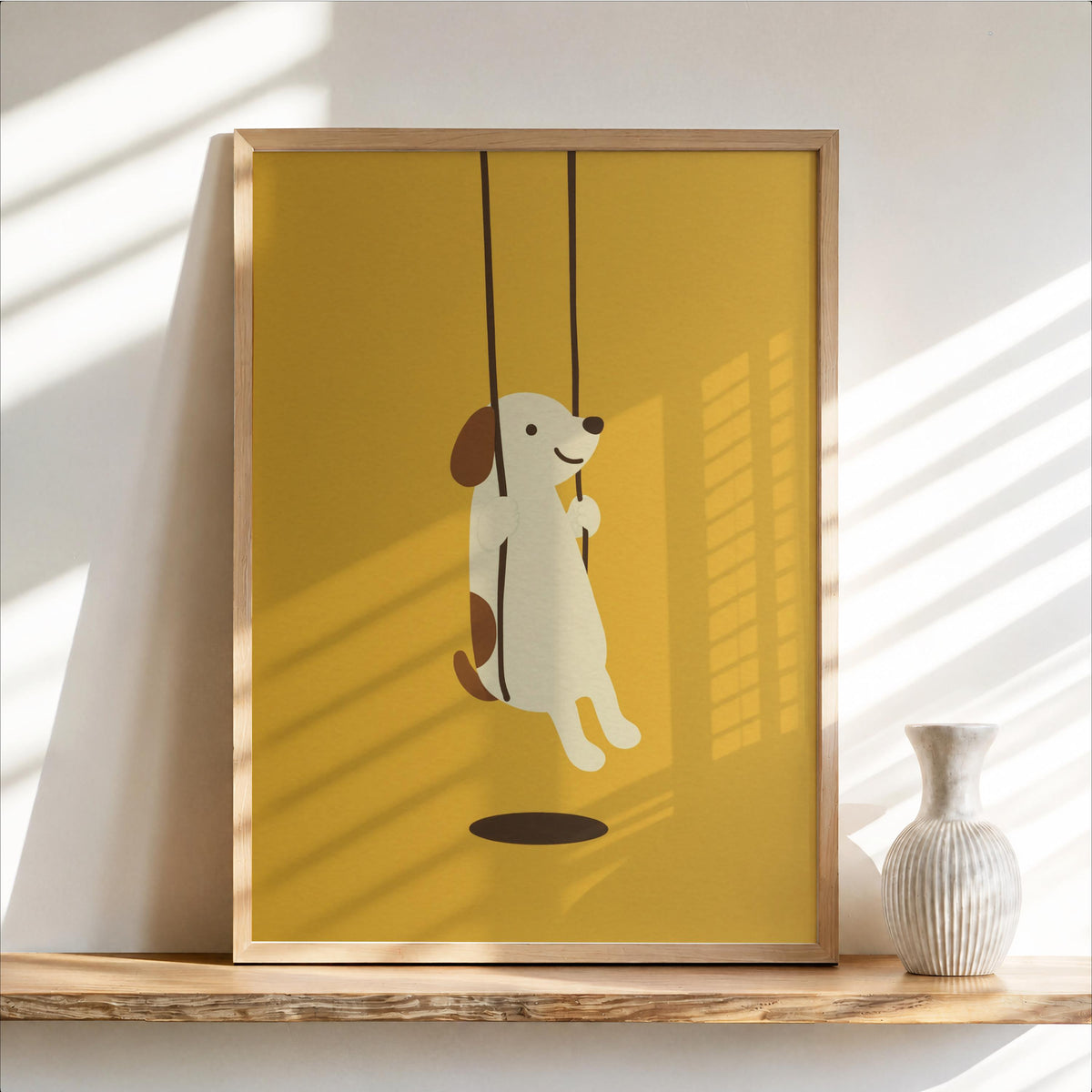 Minimal Dog Swinging Poster, Cute Puppy Print, Neutral Children Decor, Kids Nursery Wall Accent, Dog Lover Gift