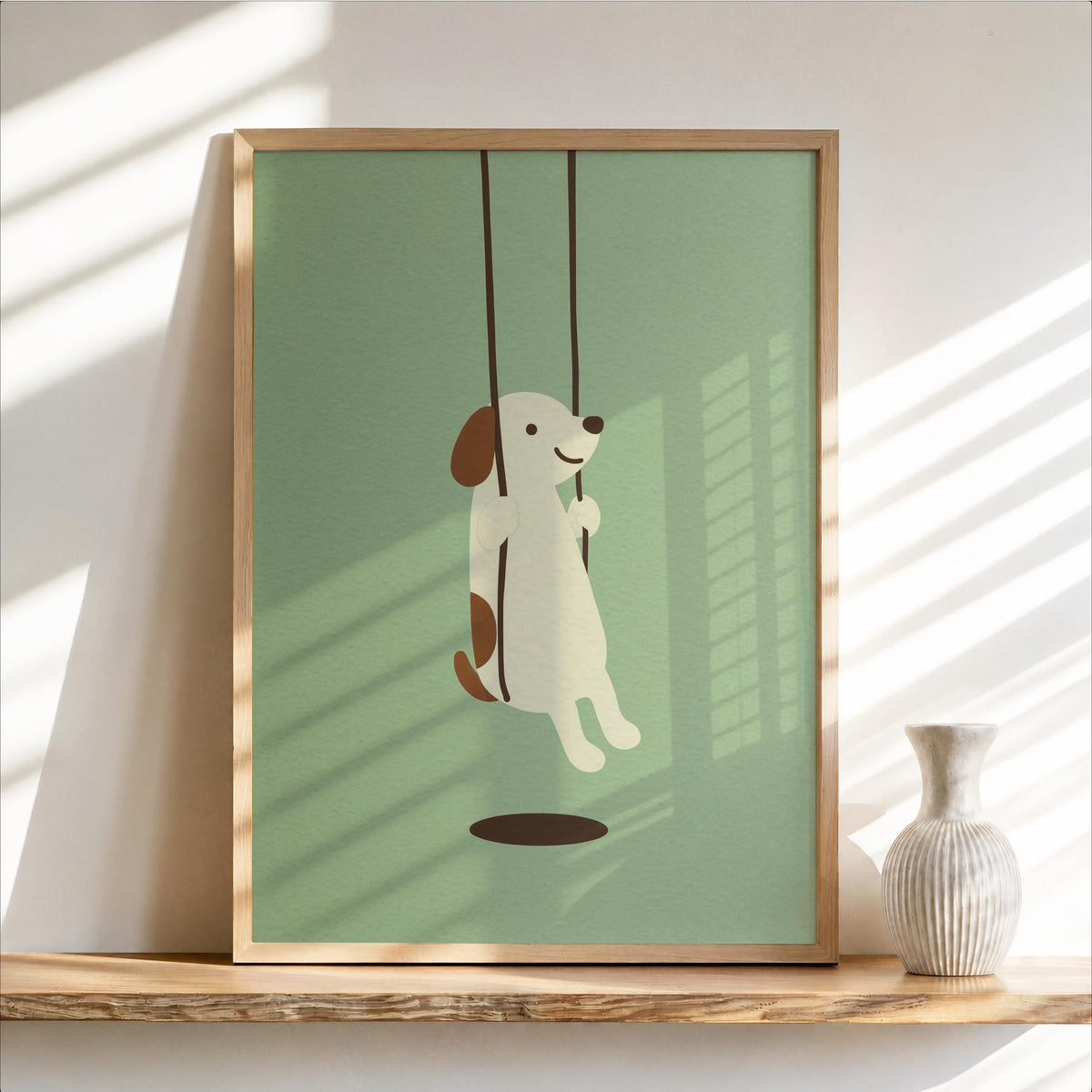 Minimal Dog Swinging Poster, Cute Puppy Print, Neutral Children Decor, Kids Nursery Wall Accent, Dog Lover Gift