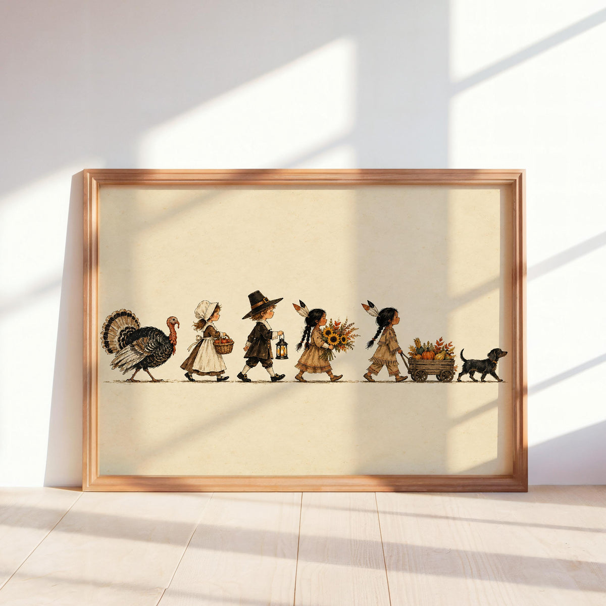 Thanksgiving Parade Wall Art, Kids & Turkey Print, Harvest Autumn Decor, Vintage Americana Illustration, Rustic Fall Home Decor