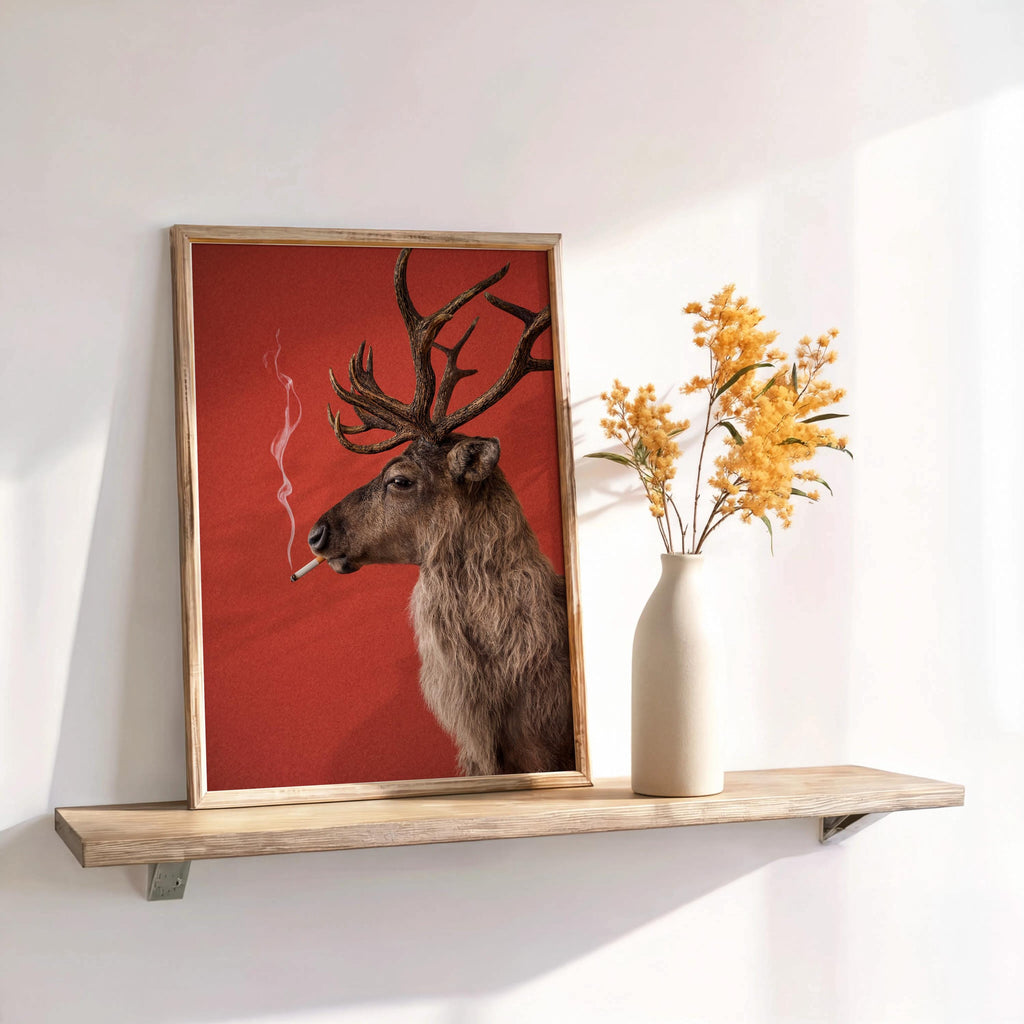 Reindeer Smoking Cigarette Print, Funny Christmas Wall Art, Rudolp Santa Claus Animal Poster, Quirky Xmas Bar Decor, Winter Cabin Gift