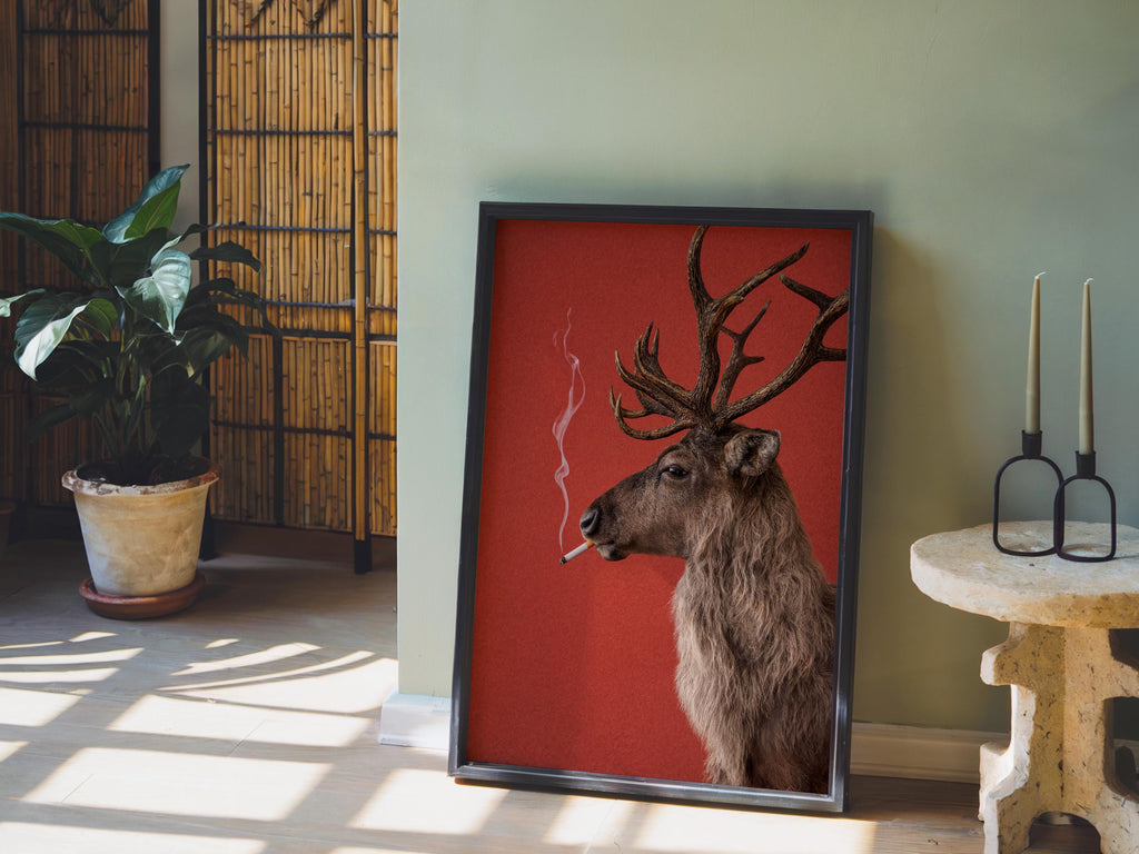 Reindeer Smoking Cigarette Print, Funny Christmas Wall Art, Rudolp Santa Claus Animal Poster, Quirky Xmas Bar Decor, Winter Cabin Gift