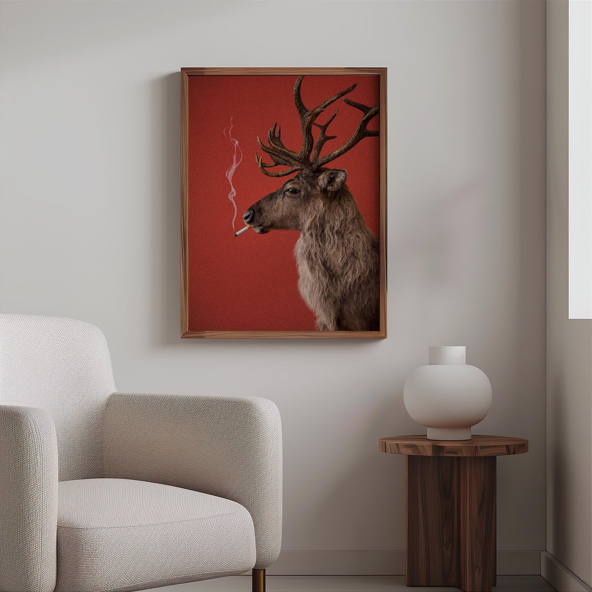 Reindeer Smoking Cigarette Print, Funny Christmas Wall Art, Rudolp Santa Claus Animal Poster, Quirky Xmas Bar Decor, Winter Cabin Gift