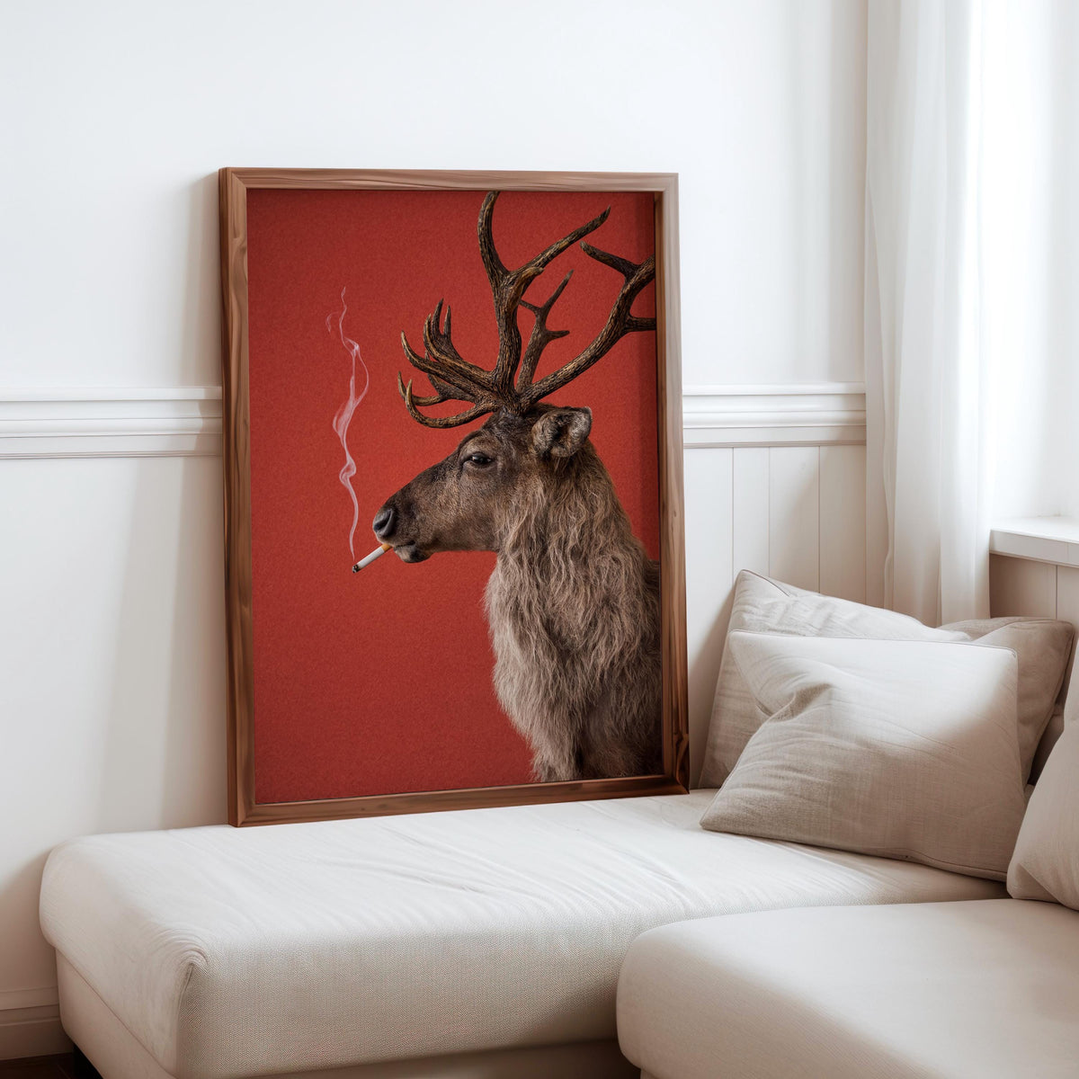 Reindeer Smoking Cigarette Print, Funny Christmas Wall Art, Rudolp Santa Claus Animal Poster, Quirky Xmas Bar Decor, Winter Cabin Gift