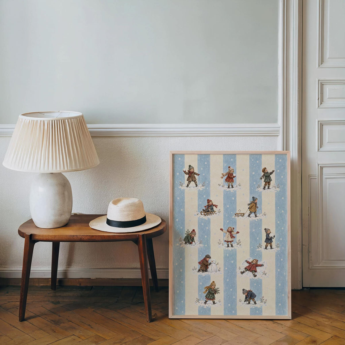 Vintage Winter Children Parade, Christmas Snowball Fight Wall Art, Blue Stripe Nursery Decor, Xmas Retro Gift, Victorian Wallpaper Pattern