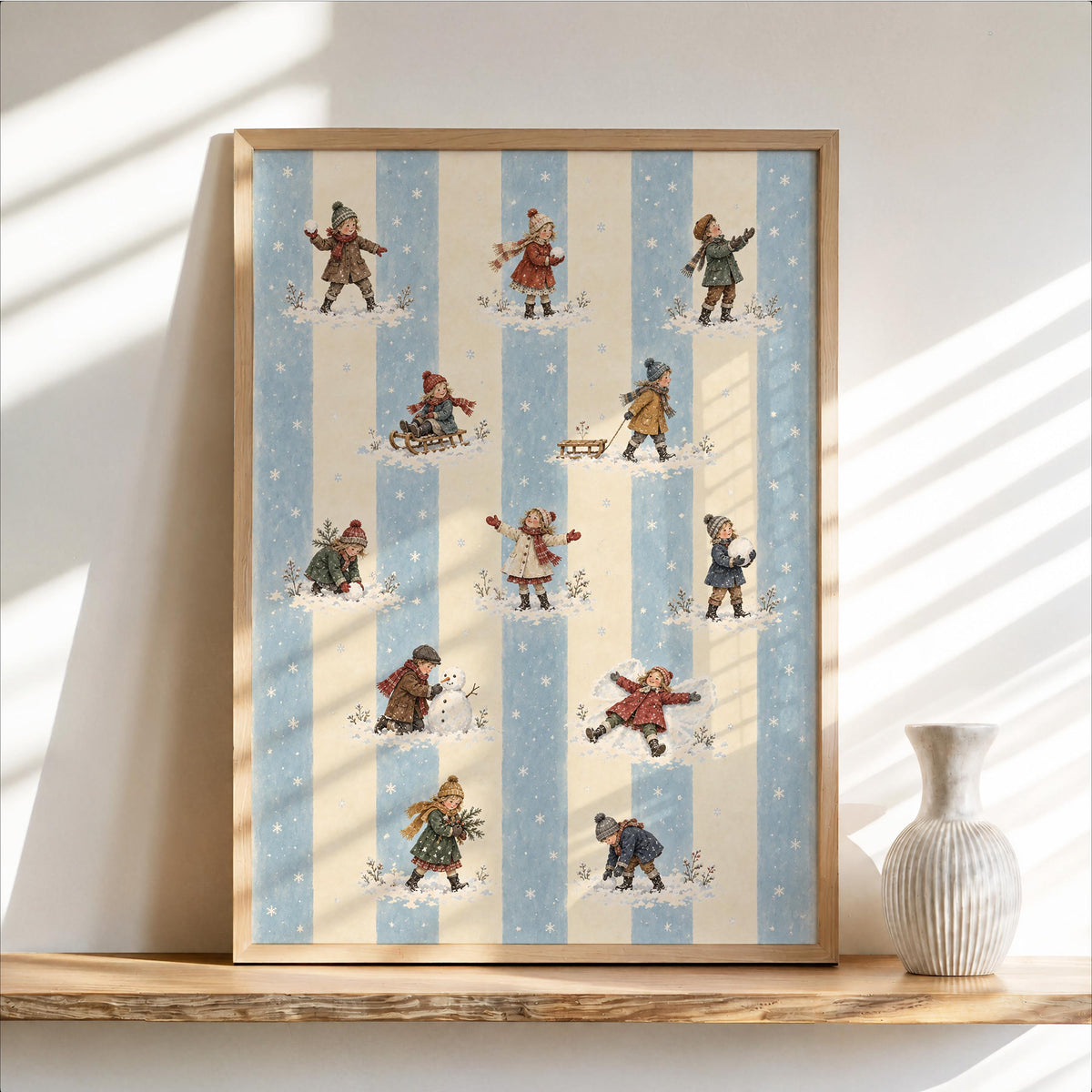 Vintage Winter Children Parade, Christmas Snowball Fight Wall Art, Blue Stripe Nursery Decor, Xmas Retro Gift, Victorian Wallpaper Pattern
