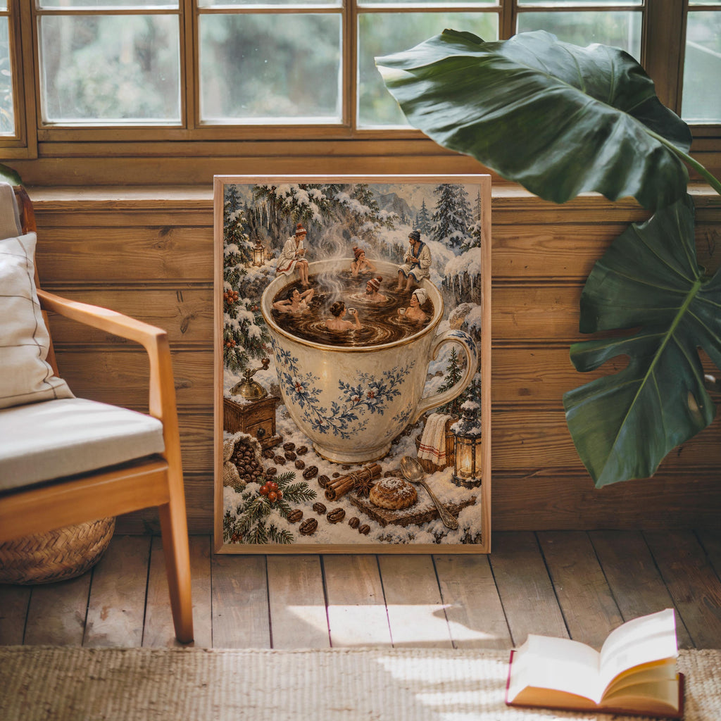 Christmas Coffee Mug & Tiny People Print, Cozy Winter Bar Wall Art, Antique Holiday Illustration, Festive Cabin Decor, Coffee Lover Gift
