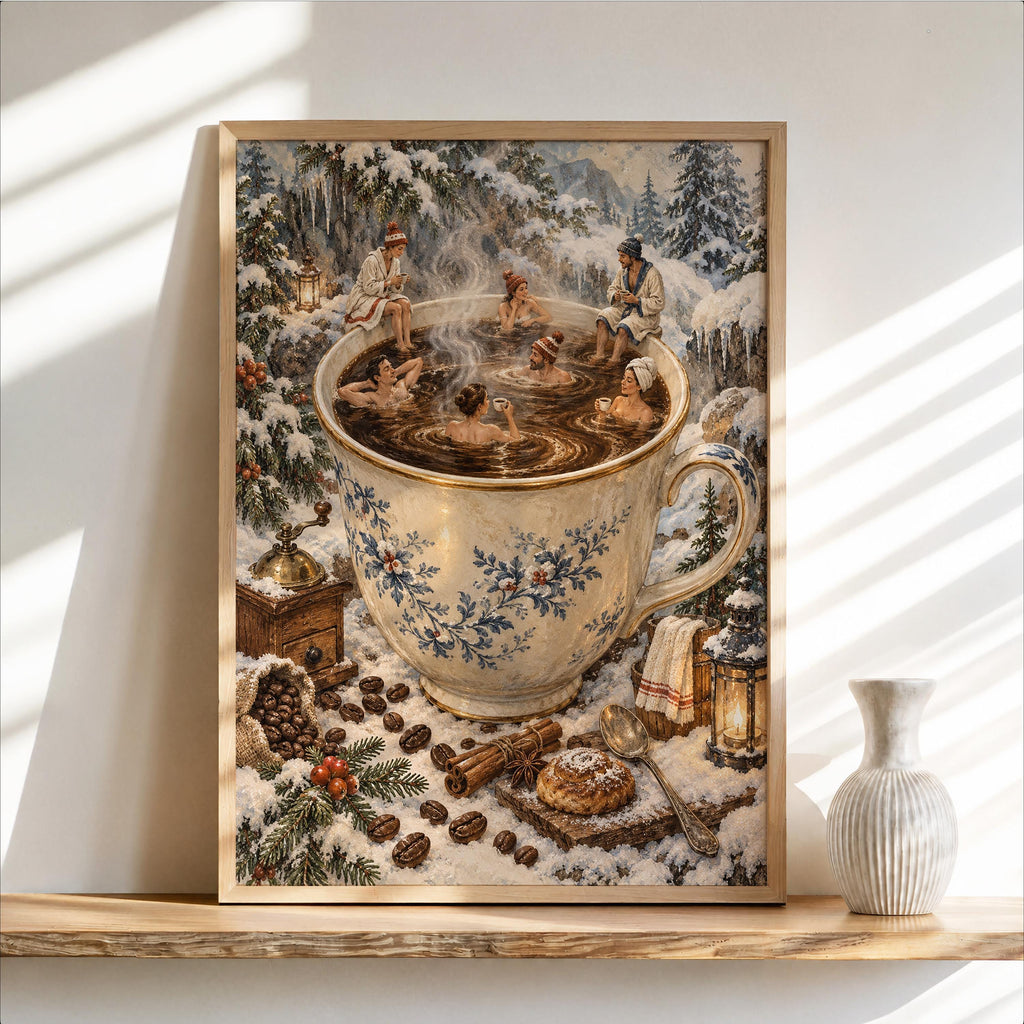 Christmas Coffee Mug & Tiny People Print, Cozy Winter Bar Wall Art, Antique Holiday Illustration, Festive Cabin Decor, Coffee Lover Gift