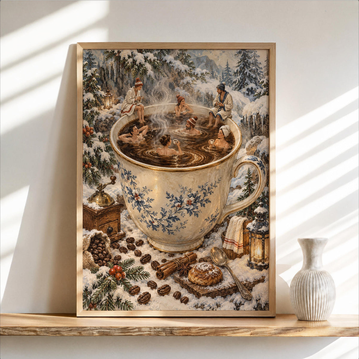 Christmas Coffee Mug & Tiny People Print, Cozy Winter Bar Wall Art, Antique Holiday Illustration, Festive Cabin Decor, Coffee Lover Gift