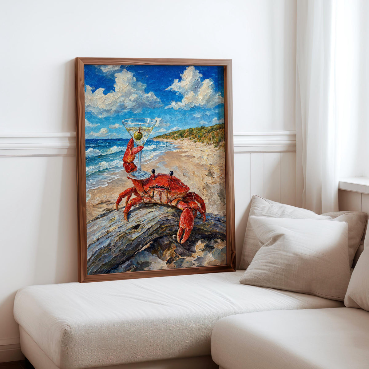 Crab Martini Cin Cin Poster, Funny Coastal Bar Decor, Ocean Animal Print, Vintage Seafood & Cocktail Wall Art, Beach House Nautical Painting