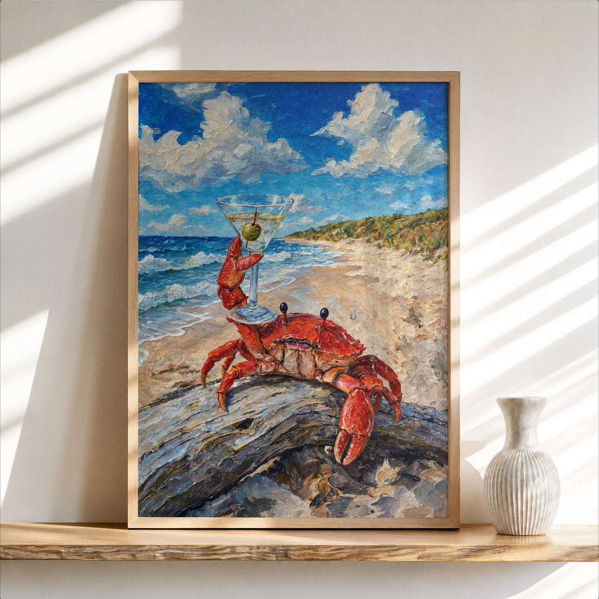 Crab Martini Cin Cin Poster, Funny Coastal Bar Decor, Ocean Animal Print, Vintage Seafood & Cocktail Wall Art, Beach House Nautical Painting