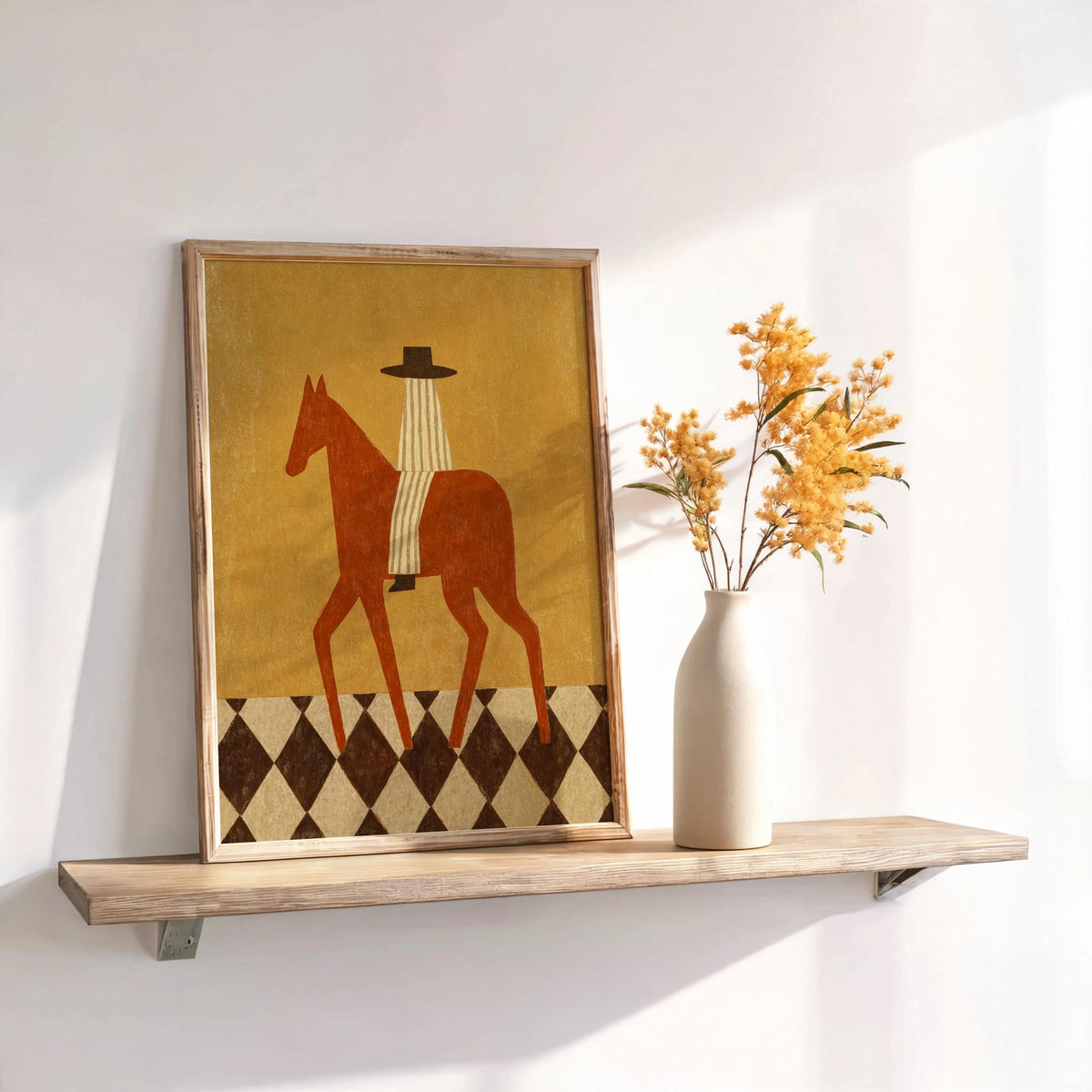 Rustic cowboy horse print propped on a narrow ledge, warm terracotta and cream tones, folk-art texture