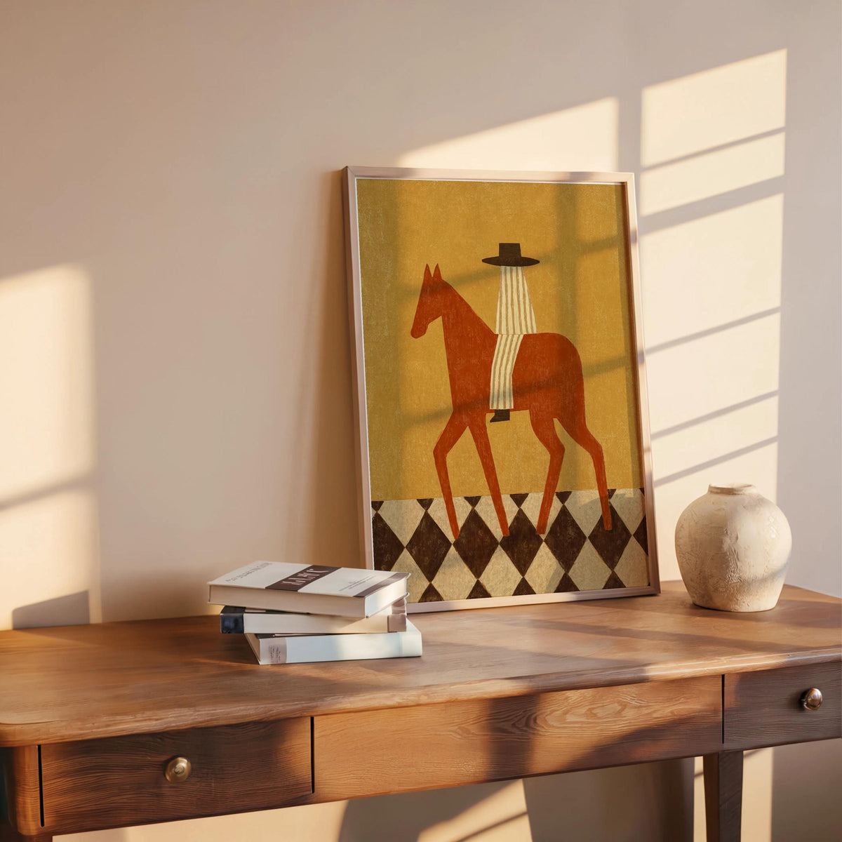 Cowboy horse print leaning on a rustic desk, warm sunlight, terracotta horse and geometric diamond pattern below