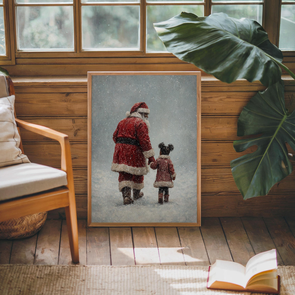 Black Santa Claus & Child Christmas Print, Vintage Winter Wall Art, Snowy Holiday, Cozy African American Decor, Classic Afrocentric Poster