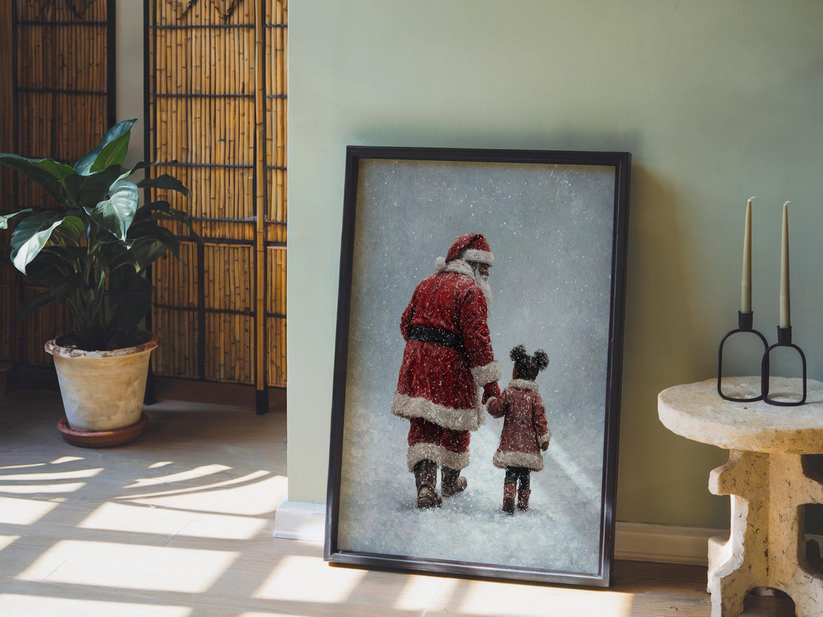 Black Santa Claus & Child Christmas Print, Vintage Winter Wall Art, Snowy Holiday, Cozy African American Decor, Classic Afrocentric Poster