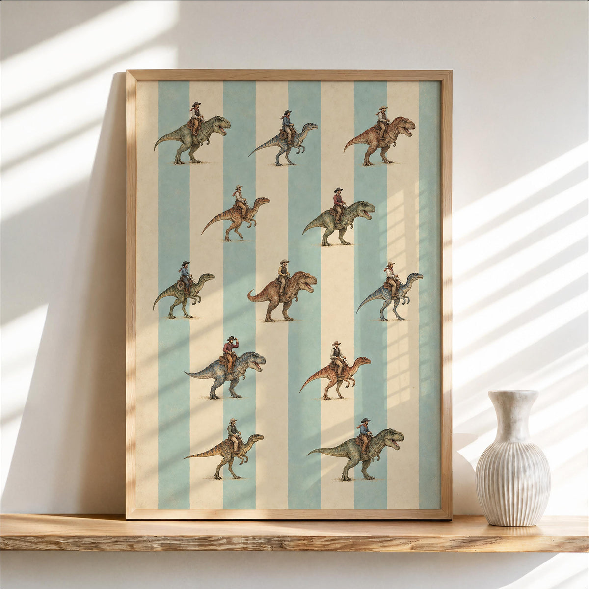 Cowboy Riding Dinosaur Wall Art, Vintage Striped Western Print, Retro T-Rex Rider Poster, Funny Ranch Decor, Quirky Americana Nursery Gift