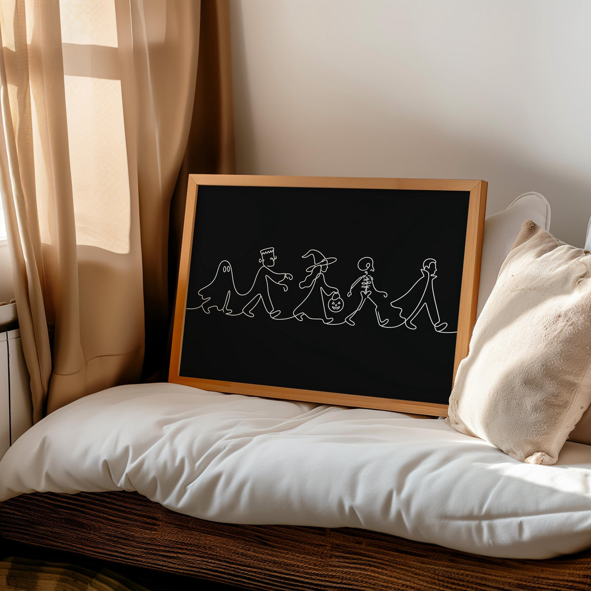 Minimalist Halloween Line Art, Ghost Witch & Skeleton Wall Print, Spooky Season Kids Parade Illustration, Modern Kids Decor, Seasonal Gift