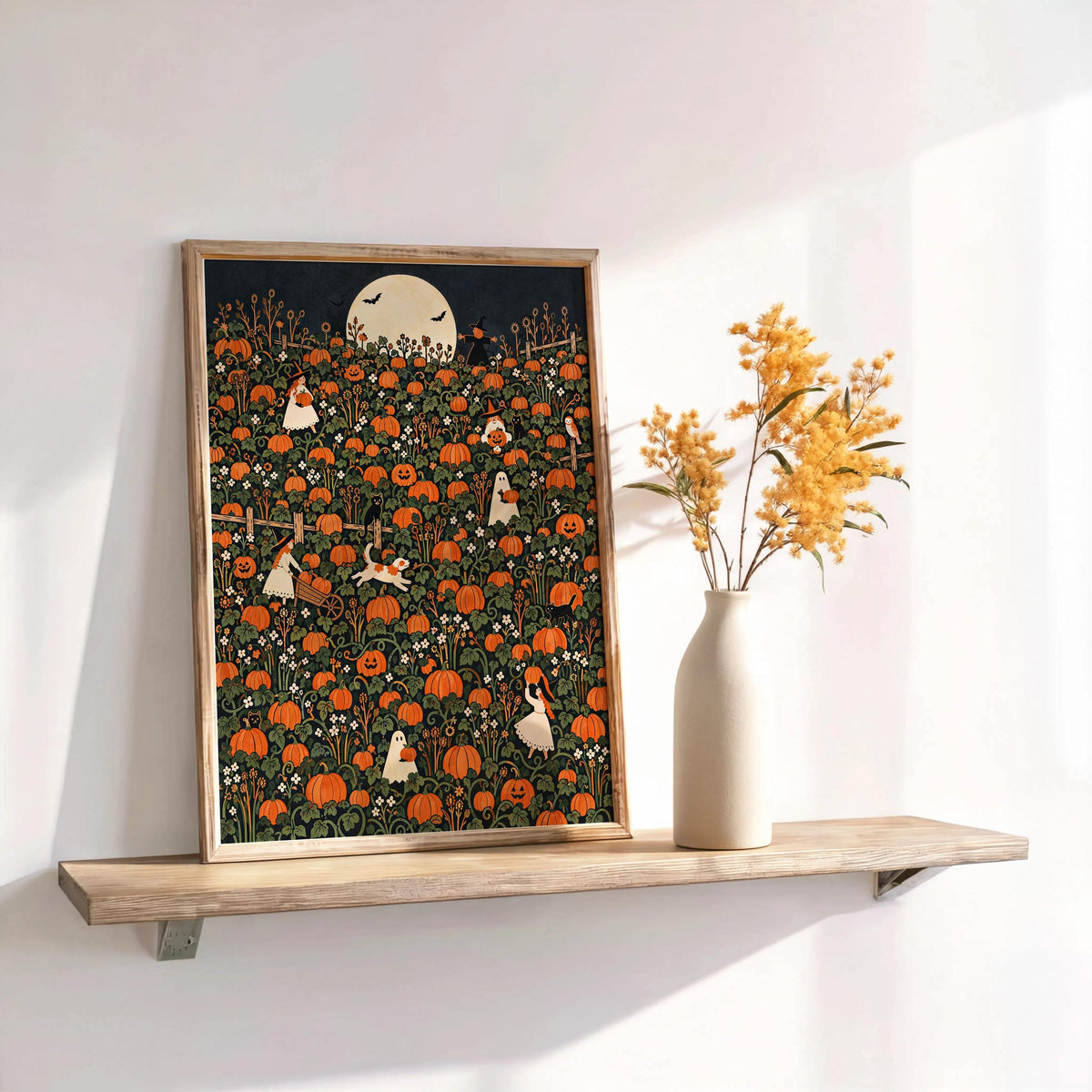 Pumpkin Patch Halloween Harvest Print, Whimsical Ghost Wall Art, Autumn Fall Poster, Folk Illustration, Spooky Season Gift, Kids Room Decor
