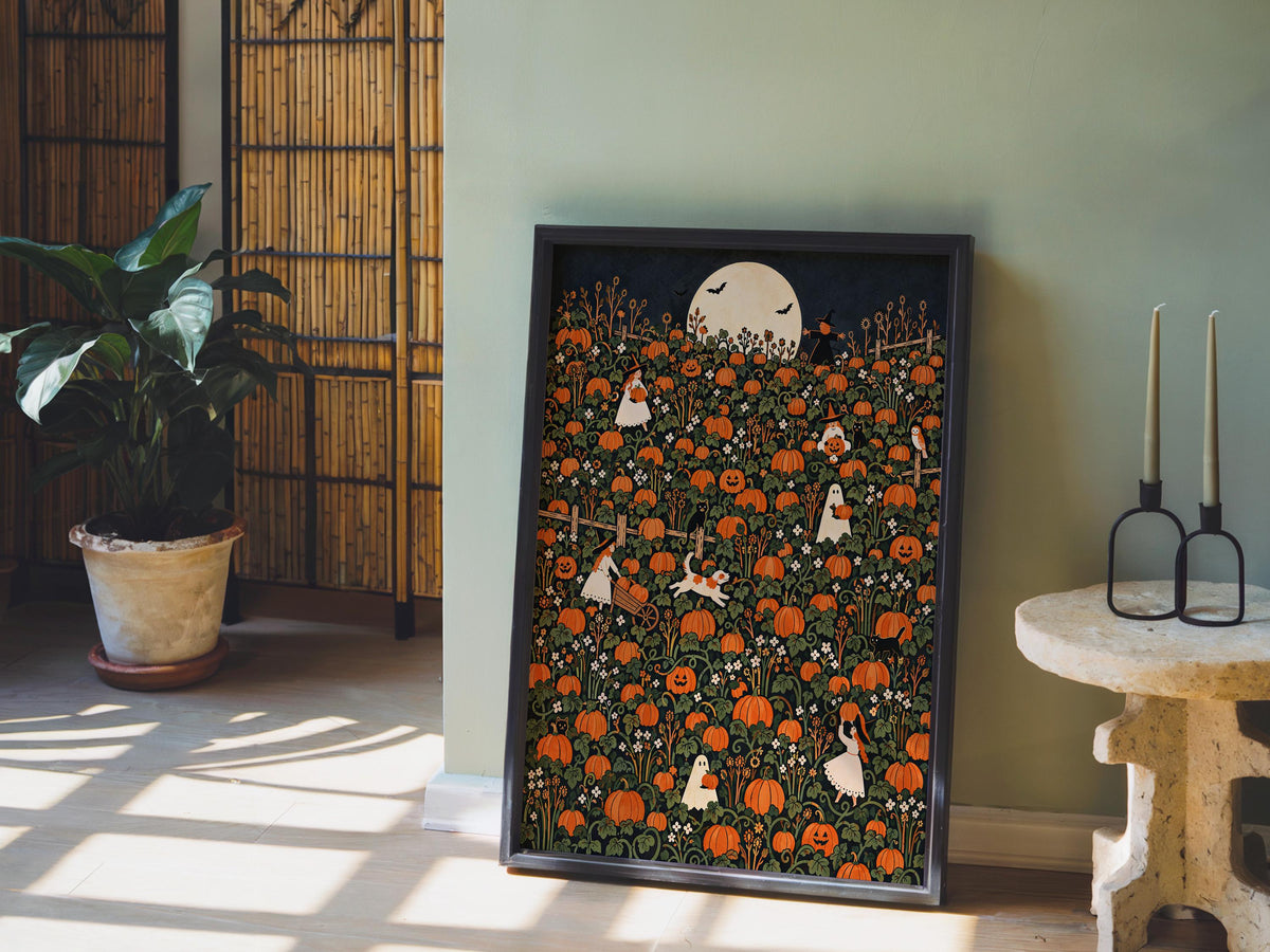 Pumpkin Patch Halloween Harvest Print, Whimsical Ghost Wall Art, Autumn Fall Poster, Folk Illustration, Spooky Season Gift, Kids Room Decor