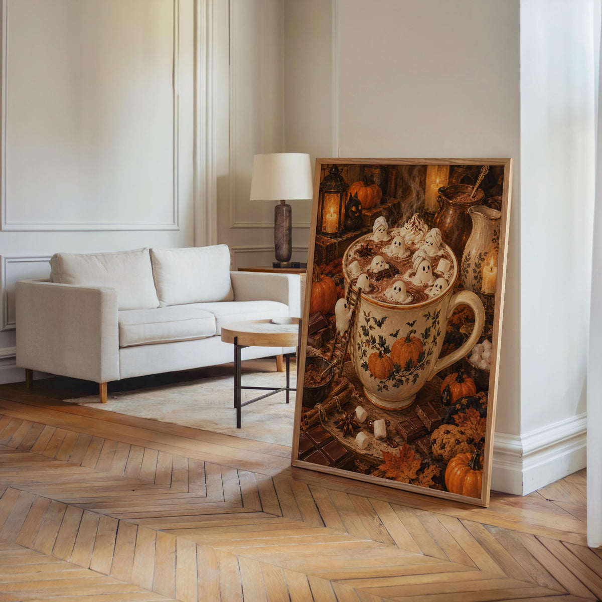 Large Halloween tiny people print leaning against a sofa, vintage Halloween poster mood in a bright lounge