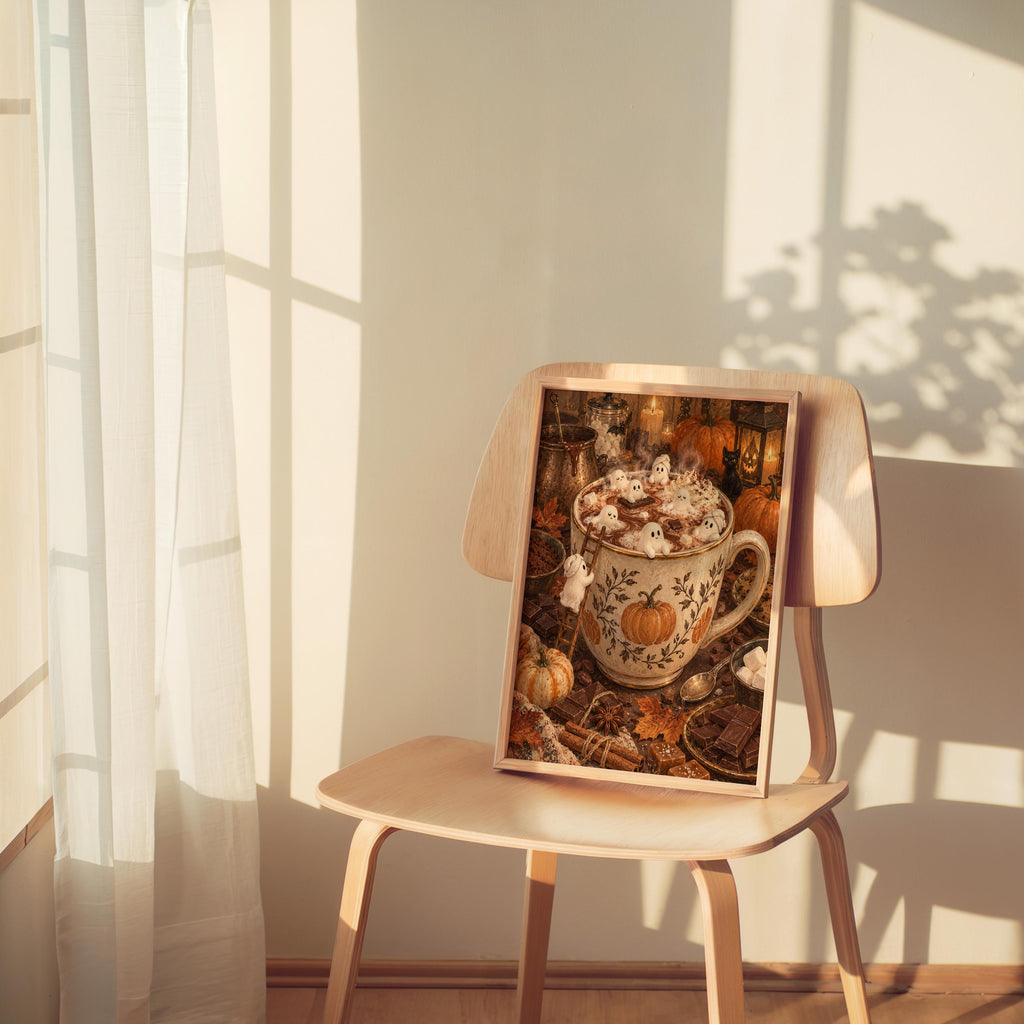 Hot cocoa wall print displayed on a simple wooden chair, gentle morning light, miniature people art print charm