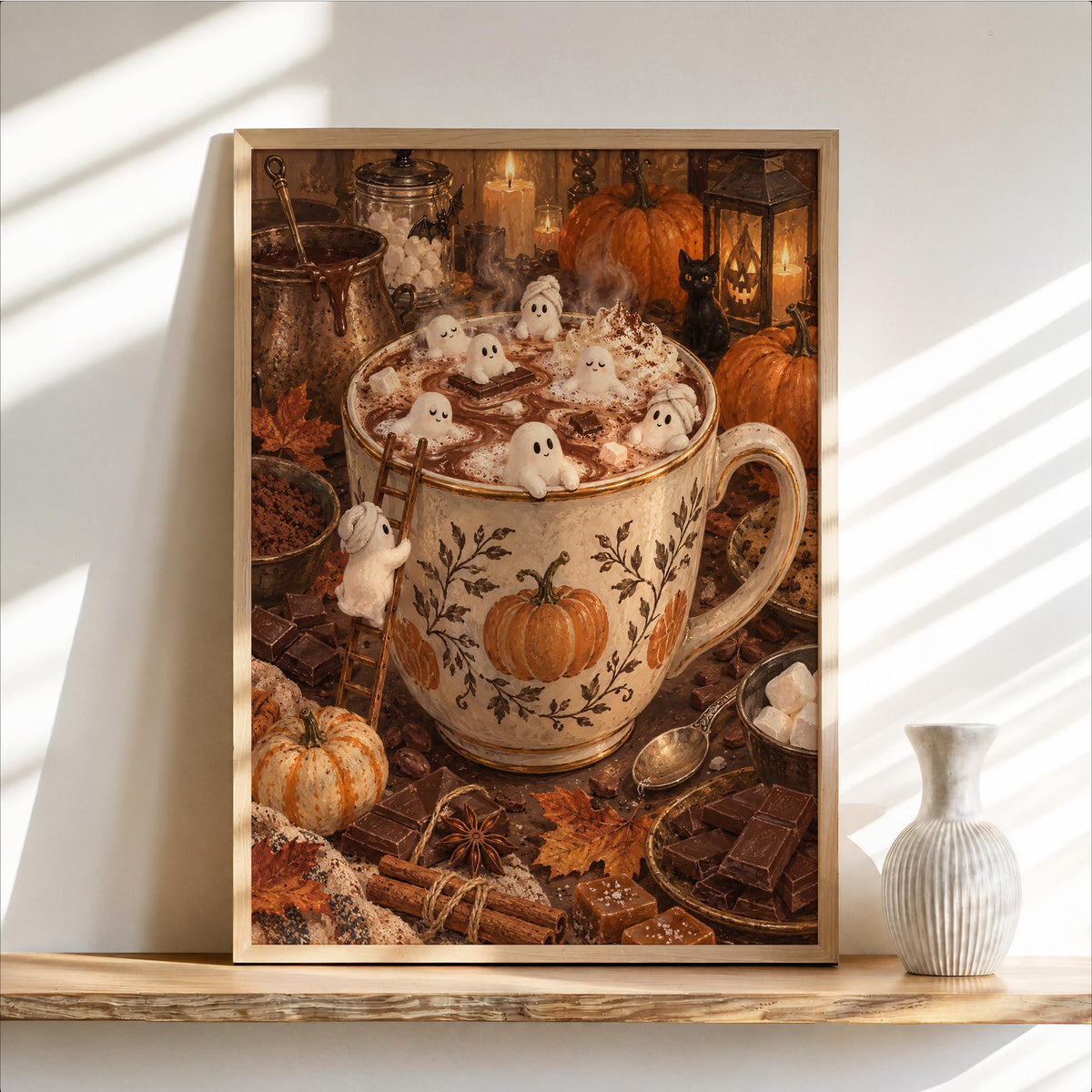 Framed Halloween hot cocoa wall art on a wooden shelf, warm sunlight, small ceramic vase