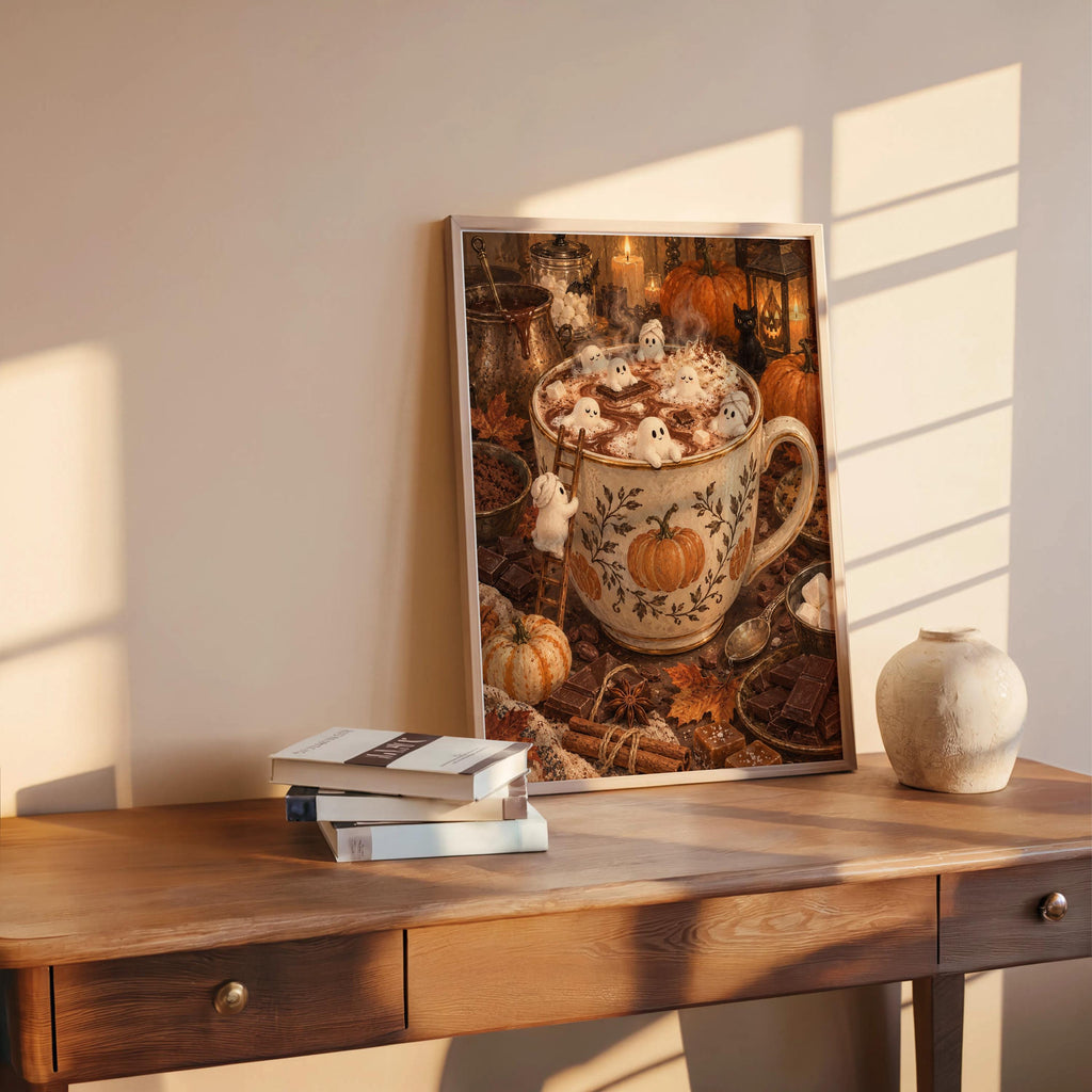 Cozy Halloween poster on a wooden desk with stacked books and a clay vase, ideal spooky coffee bar decor