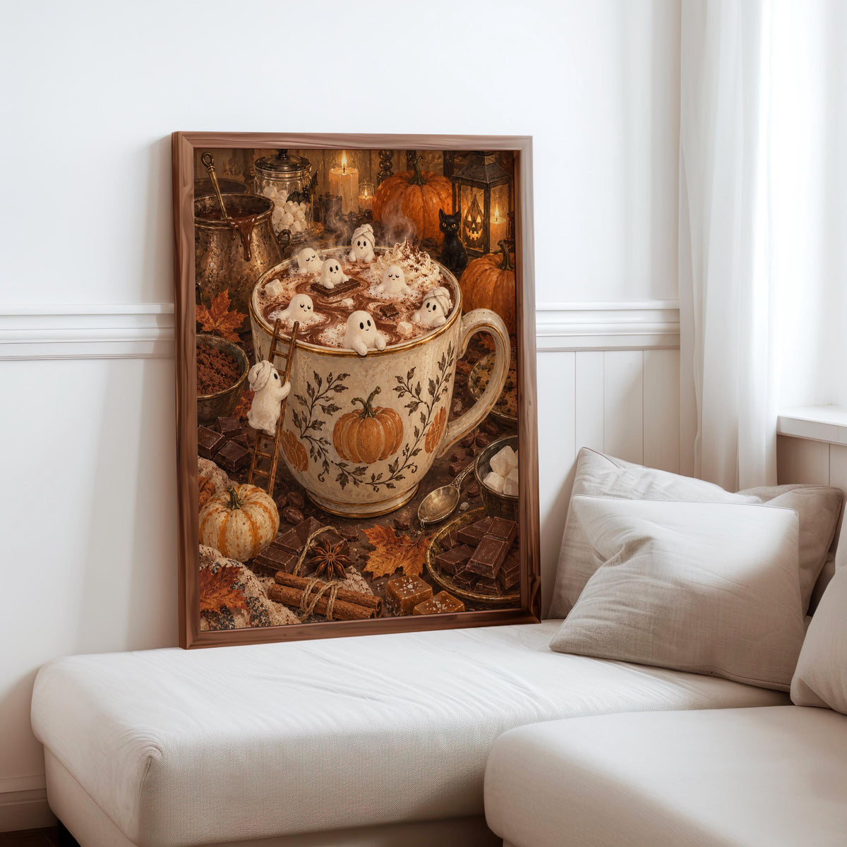 Halloween hot cocoa wall art propped beside a sofa with neutral cushions, cozy autumn kitchen wall art mood