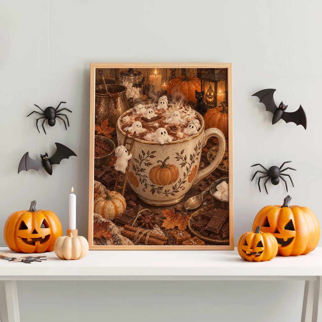 Halloween hot cocoa wall art on a mantel, carved pumpkins and bat decals, spooky coffee bar decor