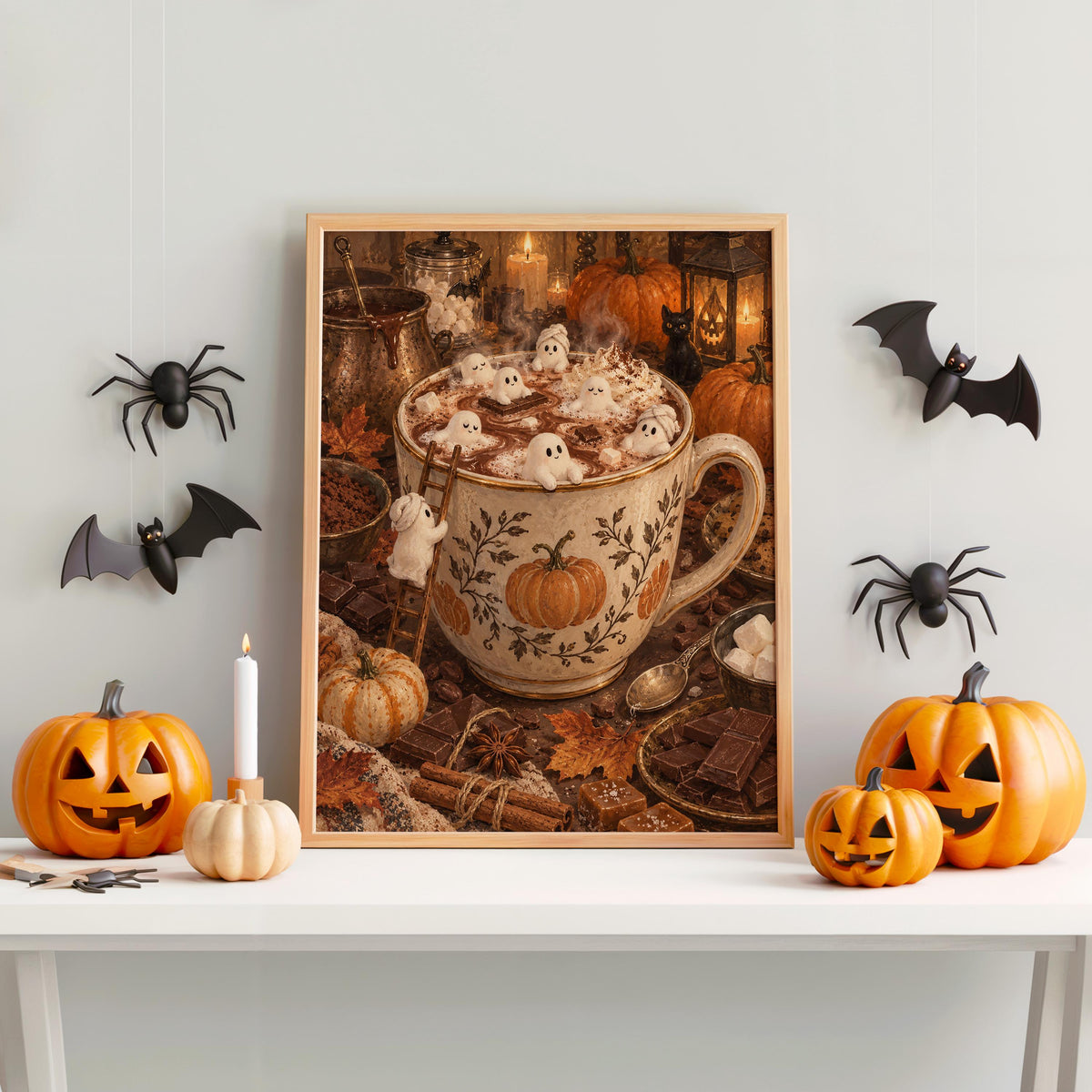 Halloween hot cocoa wall art on a mantel, carved pumpkins and bat decals, spooky coffee bar decor