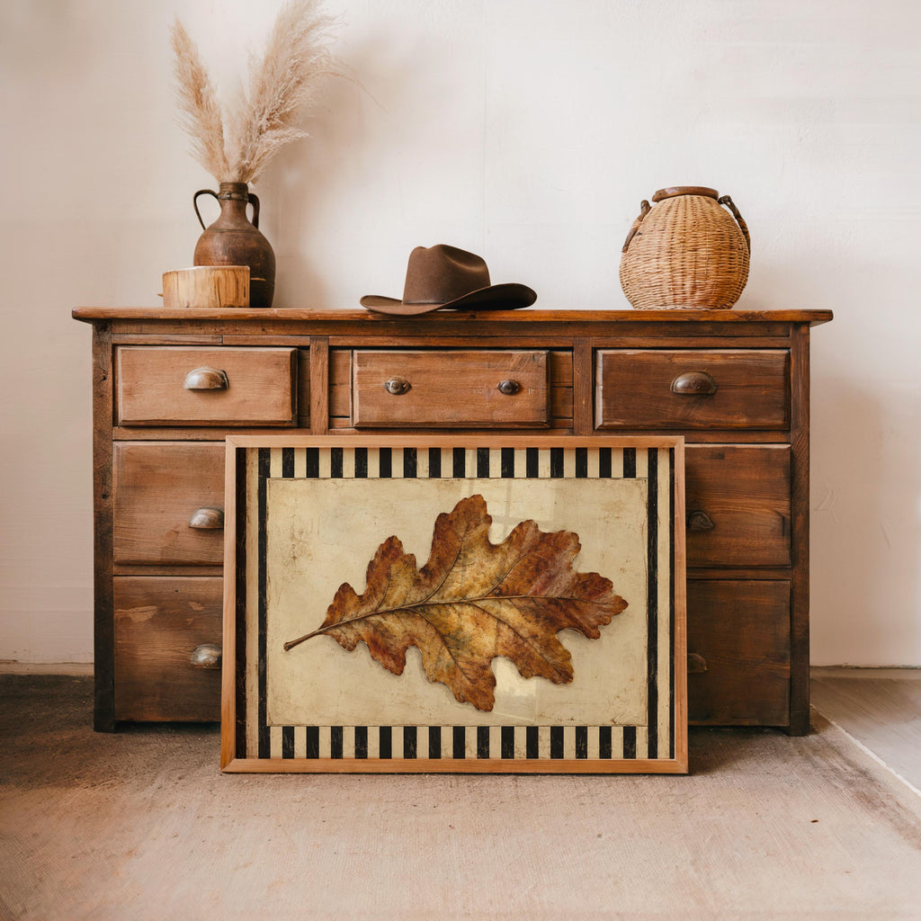 Autumn Oak Leaf Print, Rustic Retro Wall Art, Antique Botanical Poster, Black & White Striped Decor, Farmhouse Fall Gift