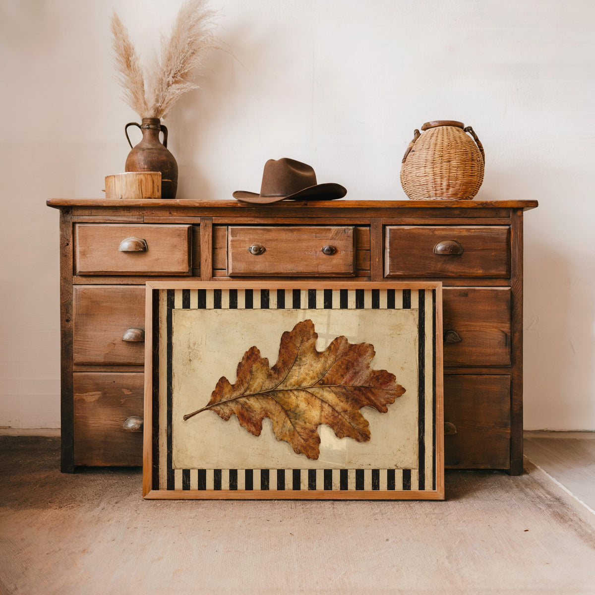 Autumn Oak Leaf Print, Rustic Retro Wall Art, Antique Botanical Poster, Black & White Striped Decor, Farmhouse Fall Gift