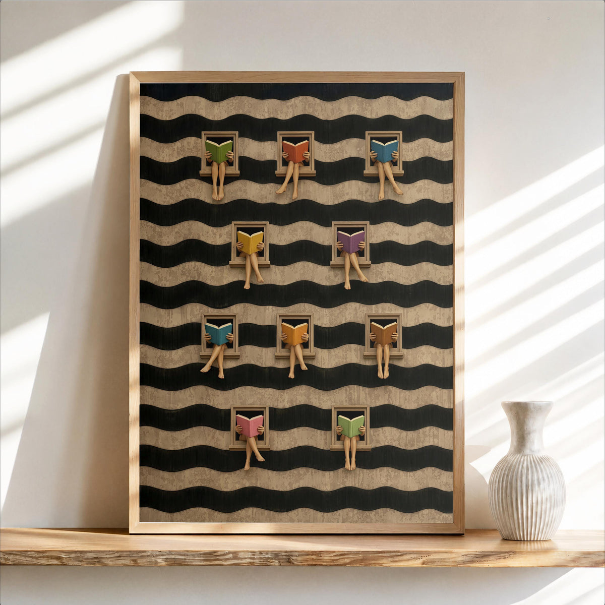 Reading Women Poster, Vintage Trippy Book Artwork, Abstract Eclectic Stripe Print, Legs out of Window Library Decor, Bookworm Wall Art, Gift