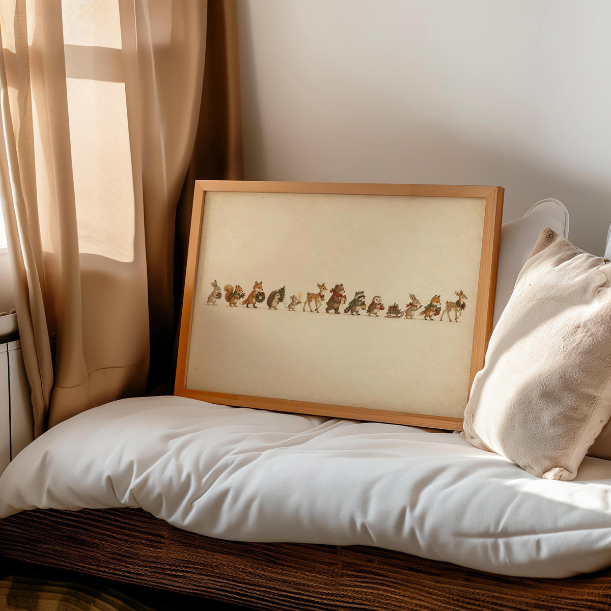 Woodland animal Christmas print styled on a cozy daybed, neutral pillows and soft morning light