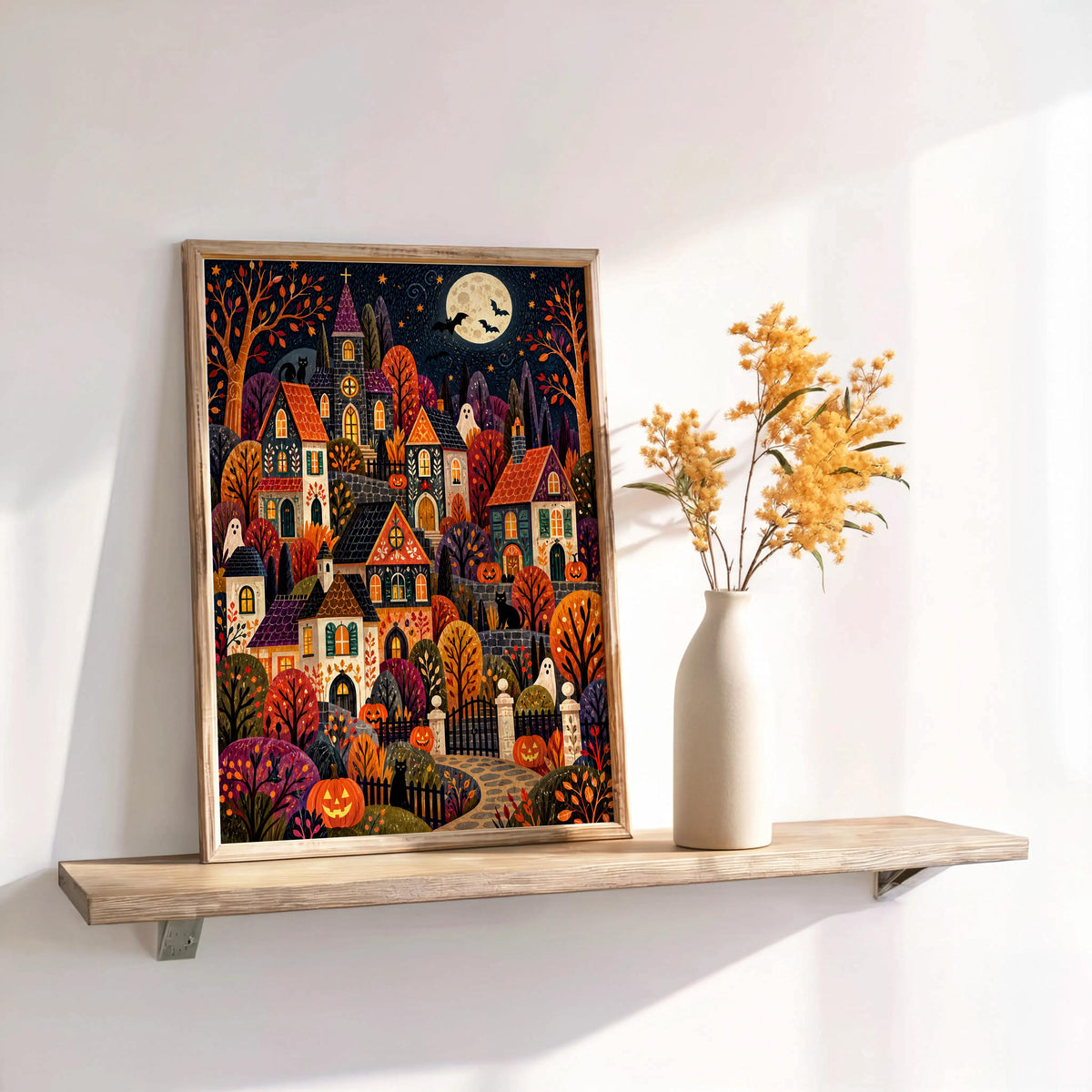 Spooky Village Wall Art, Cute Halloween Folk Art Print, Cozy Autumn Pumpkin Town Decor, Whimsical Fall Painting