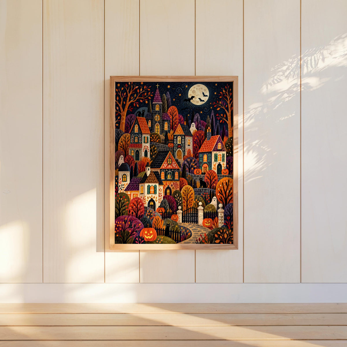 Spooky Village Wall Art, Cute Halloween Folk Art Print, Cozy Autumn Pumpkin Town Decor, Whimsical Fall Painting