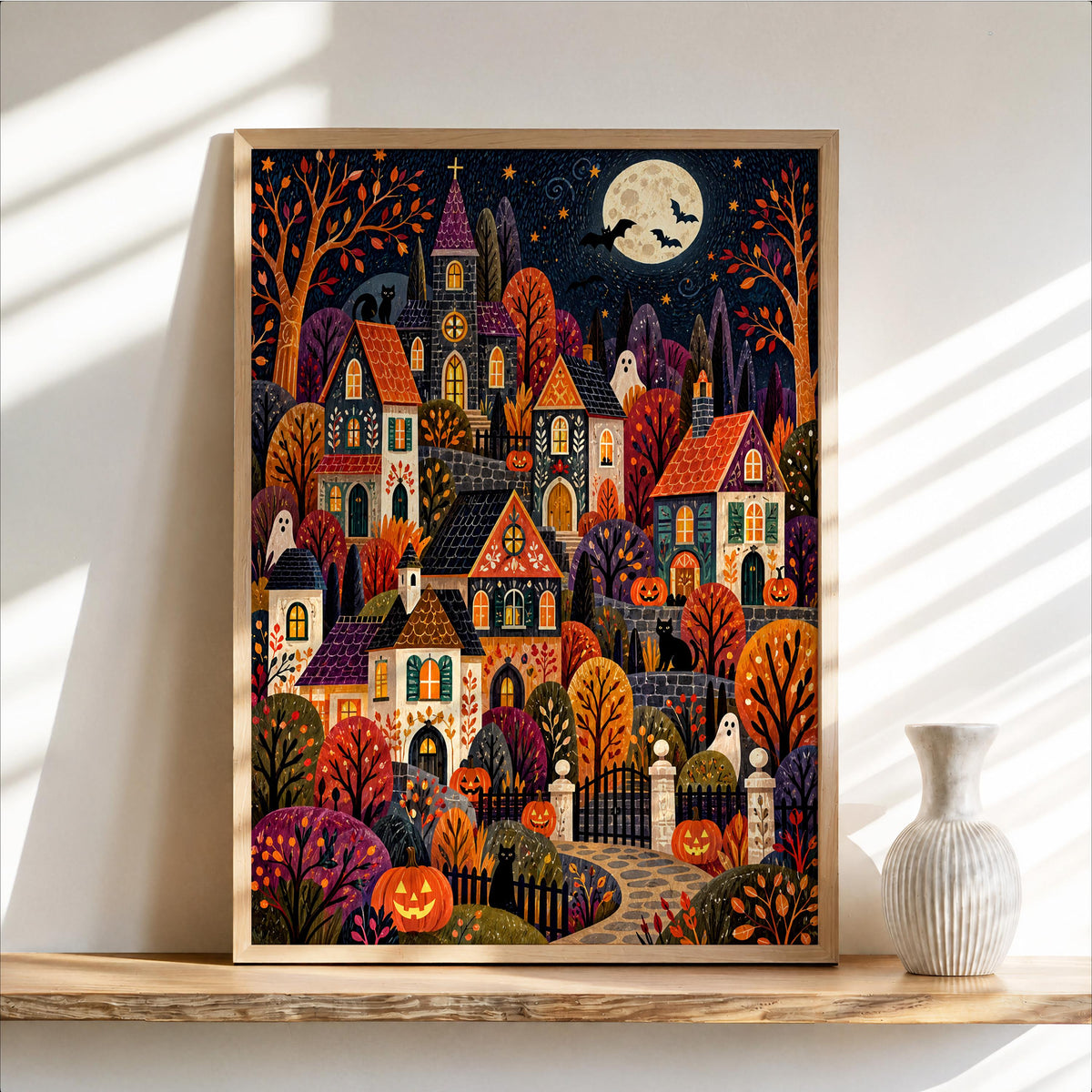 Spooky Village Wall Art, Cute Halloween Folk Art Print, Cozy Autumn Pumpkin Town Decor, Whimsical Fall Painting